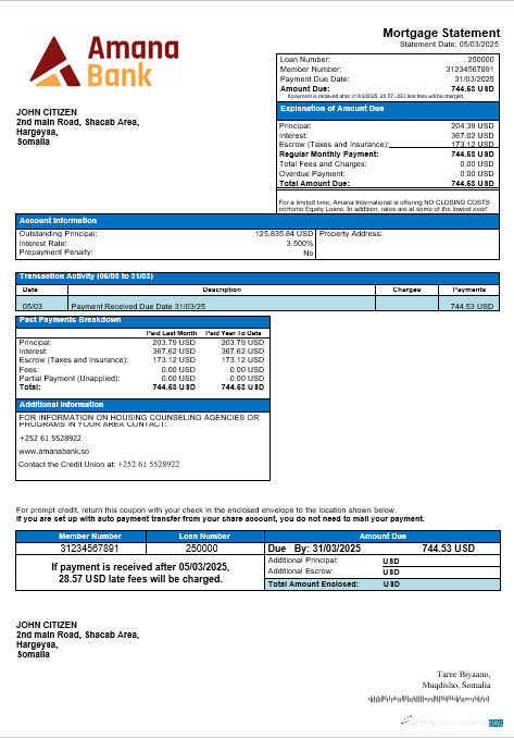 Download Somalia Amana bank mortgage statement in Word and PDF formats Photoshop template